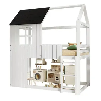 Lit Mezzanine Cabane,Lit mi-haut Enfant 90x200 Avec Escalier, Barrières, Bois Blanc Noir