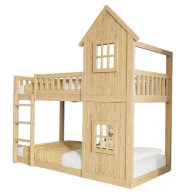 Lit Superposé Cabane Enfant 90x200 Avec échelle, Barrières, 2 Couchages Bois Naturel Lit Superposé Cabane Enfant 90x200 Avec échelle, Barrières, 2 Couchages Bois Naturel