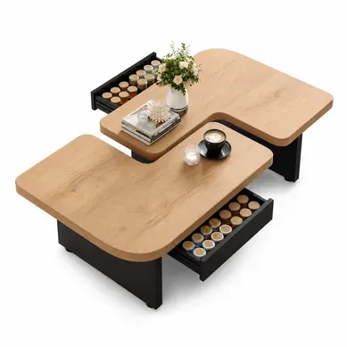 Table Basse Modulable 2 En 1 135 X 60 X 44.5 Cm Avec LED 2 Tiroirs Mdf Bois Naturel Et Noir Table Basse Modulable 2 En 1 135 X 60 X 44.5 Cm Avec LED 2 Tiroirs Mdf Bois Naturel Et Noir
