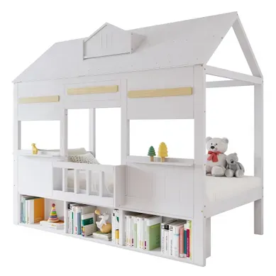 Lit Cabane Enfant 90x200 Cm Avec Bibliothèque Basse Intégrée, Sommier à Lattes, Pin/mdf Blanc