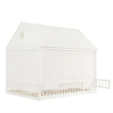 Lit Cabane Enfant 140x200 Cm Avec Rideaux, Rangement, Sommier à Lattes, Pin/mdf Blanc Lit Cabane Enfant 140x200 Cm Avec Rideaux, Rangement, Sommier à Lattes, Pin/mdf Blanc