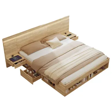 Lit King Size 180x200 Cm Avec 2 Chevets, Rangements, LED, USB Et USB-c, Décor Bois Naturel Lit King Size 180x200 Cm Avec 2 Chevets, Rangements, LED, USB Et USB-c, Décor Bois Naturel