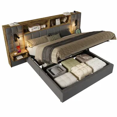 Lit Coffre King Size 180x200 Cm Avec Tête De Lit Large 2 Chevets Et Liseuses Gris Lit Coffre King Size 180x200 Cm Avec Tête De Lit Large 2 Chevets Et Liseuses Gris
