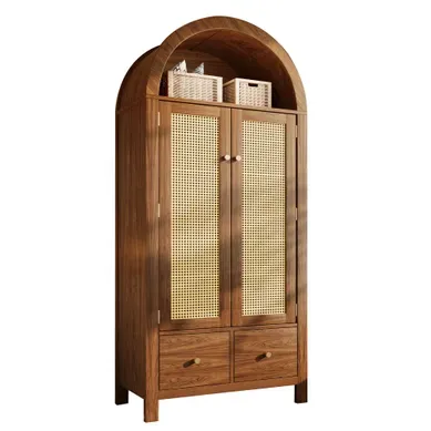 Armoire 2 Portes 2 Tiroirs 181 Cm Avec Penderie Et Façades Effet Cannage Décor Noyer Armoire 2 Portes 2 Tiroirs 181 Cm Avec Penderie Et Façades Effet Cannage Décor Noyer