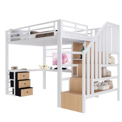 Lit Mezzanine 90x200 Cm Avec Bureau, Escalier De Rangement, 4 Tiroirs Et LED, Métal Et Mdf, Blanc Lit Mezzanine 90x200 Cm Avec Bureau, Escalier De Rangement, 4 Tiroirs Et LED, Métal Et Mdf, Blanc