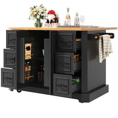 Îlot De Cuisine Mobile 120x45(75)x91 Cm 2 Portes 6 Tiroirs Roulettes, Mdf, Noir