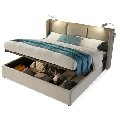 Lit Coffre Rembourré 140x200 Cm Avec Rangement,port USB, Sommier à Lattes, Tissu Lin, Beige Lit Coffre Rembourré 140x200 Cm Avec Rangement,port USB, Sommier à Lattes, Tissu Lin, Beige