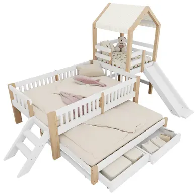 Lit Superposé Cabane 90x200 Cm Avec Lit Gigogne 90x190cm Avec Toboggan,tiroirs,bois,blanc Et Naturel