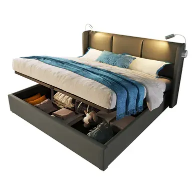 Lit Coffrer Rembourré 160x200 Cm Avec Liseuse LED, Prise USB,rangement Et Sommier, Pu, Gris