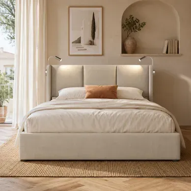 Lit Coffre 160x200 Cm Avec Liseuse USB - Lit Double Rembourré Avec Lampe De Lecture, Tissu Lin Beige Lit Coffre 160x200 Cm Avec Liseuse USB - Lit Double Rembourré Avec Lampe De Lecture, Tissu Lin Beige