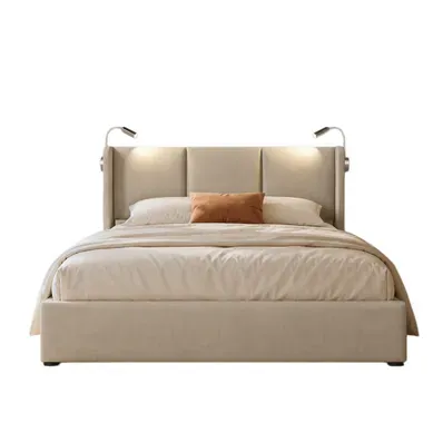 Lit Coffre 160x200 Cm Avec Liseuse USB - Lit Double Rembourré Avec Lampe De Lecture, Tissu Lin Beige
