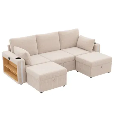 Canapé fixe 5 Places 190x130 Cm Avec 2 Poufs Coffres, Velours Côtelé, Beige