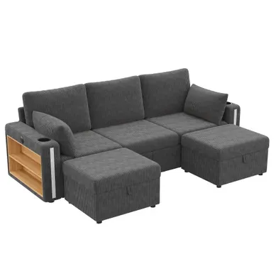 Canapé fixe 5 Places 190x130 Cm Avec 2 Poufs Coffres, Velours Côtelé, Gris Foncé Canapé fixe 5 Places 190x130 Cm Avec 2 Poufs Coffres, Velours Côtelé, Gris Foncé