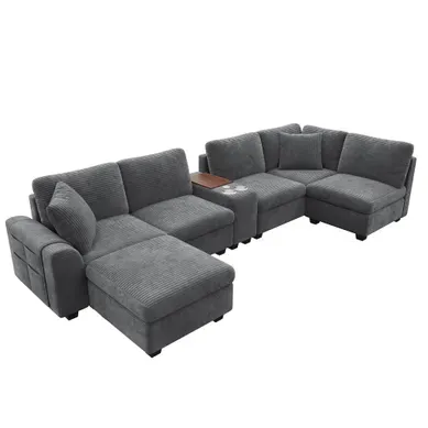 Canapé D'angle Modulable 6 Places 311x139 Cm Avec Pouf Coffre Et Console Mobile,velours Côtelé Gris Canapé D'angle Modulable 6 Places 311x139 Cm Avec Pouf Coffre Et Console Mobile,velours Côtelé Gris
