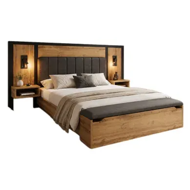Lit Double 180 X 200 Cm, Rangements, Chevets Intégrés, Banc Coffre, LED, USB-c, Effet Chêne