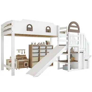Lit enfant 90x200cm Lit Enfant Avec Toboggan Et échelle Rangement - Design Cabane - Mdf - Blanc