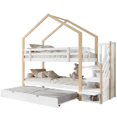 Lit Cabane Lit Superposé 90x200 Cm Avec Lit Escamotable Et échelle à 3 Tiroirs - Naturel Et Blanc