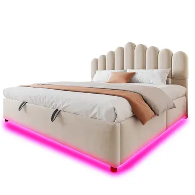 Lit Coffre Double Rembourré 180x200 Cm, LED, Hydraulique, Sommier à Lattes, Velours, Beige