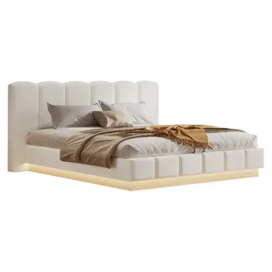 Lit Coffre Rembourré 180x200 Cm Avec LED, Tête De Lit Nuage, Sommier, Bouclé Blanc