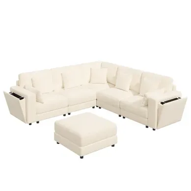 Canapé D’angle Fixe 6 Places 215x215 Cm Avec Pouf, USB-c, 7 Coussins, Porte-gobelets, Chenille Beige