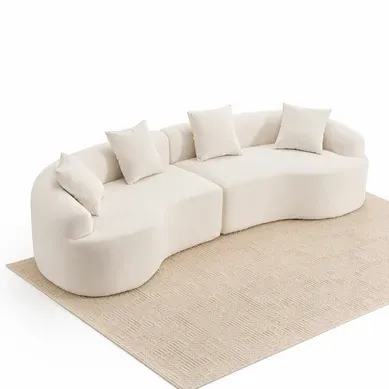 Canapé Incurvé 2 Places En Chenille Avec Assise Profonde, Méridienne Et Coussin, Blanc Canapé Incurvé 2 Places En Chenille Avec Assise Profonde, Méridienne Et Coussin, Blanc