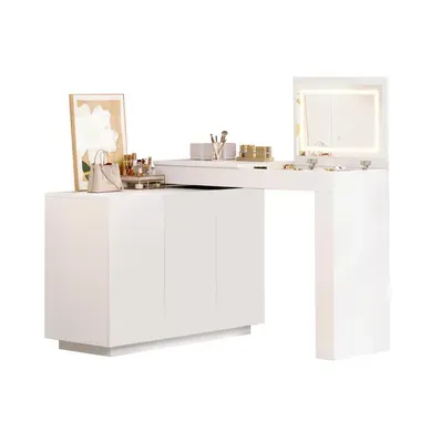 Coiffeuse D’angle Pivotante 100 × 40 × 80 Cm - LED - Brillante - Panneaux - Blanc Coiffeuse D’angle Pivotante 100 × 40 × 80 Cm - LED - Brillante - Panneaux - Blanc