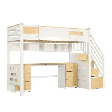 Lit Mezzanine Enfant 90×200 Cm - Bureau, 4 Tiroirs, Escalier Coffre, étagère - Bois - Blanc/naturel Lit Mezzanine Enfant 90×200 Cm - Bureau, 4 Tiroirs, Escalier Coffre, étagère - Bois - Blanc/naturel