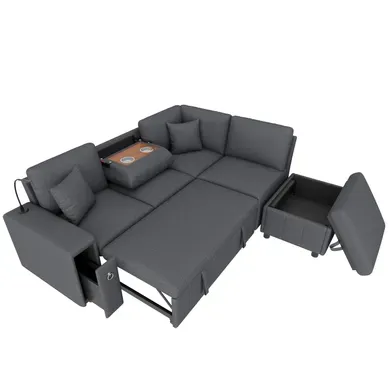 Canapé D’angle Convertible 5 Places Avec Pouf Coffre, Table Rabattable, Liseuse, USB-c, Lin Gris
