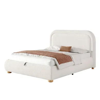 Lit Coffre 160x200 Cm Lit Rembourré Bouclé Blanc, Formes Arrondies, Housse Lavable