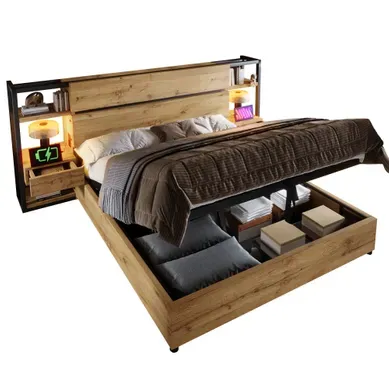 Lit Coffre 160x200 Cm, Bois, Rangement Hydraulique, Tête De Lit Tiroirs, USB Type-c, Chêne