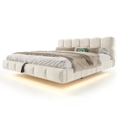 Lit Coffre 180x200 Cm Lit Rembourré Effet Suspendu, Design Arrondi, LED Et Ports USB, Chenille Beige Lit Coffre 180x200 Cm Lit Rembourré Effet Suspendu, Design Arrondi, LED Et Ports USB, Chenille Beige