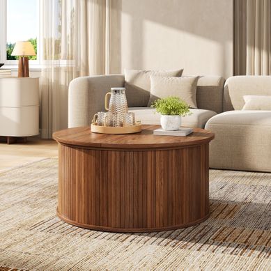 Table Basse Ronde Relevable 88 X 88 X 53,5 Cm Avec Rangement, Mdf, Noyer Table Basse Ronde Relevable 88 X 88 X 53,5 Cm Avec Rangement, Mdf, Noyer