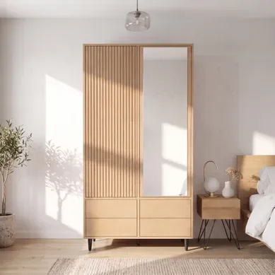 Armoire Dressing 90x45x200 Cm, 2 Portes, Miroir, Tringle, 4 Compartiments Et 4 Tiroirs,chêne Armoire Dressing 90x45x200 Cm, 2 Portes, Miroir, Tringle, 4 Compartiments Et 4 Tiroirs,chêne