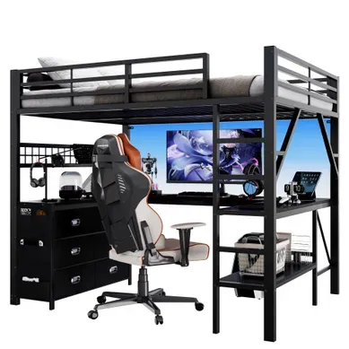 Lit Mezzanine Gaming 140x200cm, Bureau Intégré, Tiroirs, étagère Et éclairage LED,métal Noir Lit Mezzanine Gaming 140x200cm, Bureau Intégré, Tiroirs, étagère Et éclairage LED,métal Noir