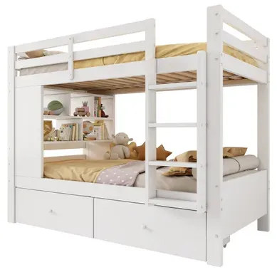 Lit Superposé Enfant 90x200 Cm Avec 2 Tiroirs, échelle, étagère, Gain De Place, Bois, Blanc Lit Superposé Enfant 90x200 Cm Avec 2 Tiroirs, échelle, étagère, Gain De Place, Bois, Blanc