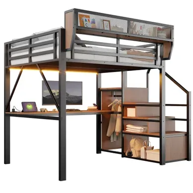 Lit Mezzanine 140x200 Cm Avec Bureau, Lit Surélevé, échelle, LED, Rangements, Métal, Noir