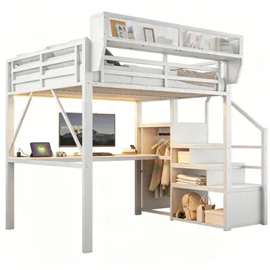 Lit Mezzanine 140x200 Cm Avec Bureau, Lit Surélevé, échelle, LED, Rangements, Métal, Blanc