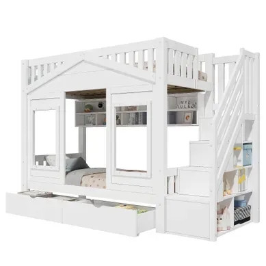 Lit Superposé Enfant 90x200 Cm Avec Escalier Avec Rangement, Lit Mezzanine, Bois Massif, Blanc
