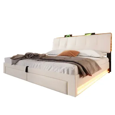 Lit Coffre Rembourré 180x200 Cm Avec Rangement Hydraulique, Lit Capitonné, LED, Tissu Lin, Beige