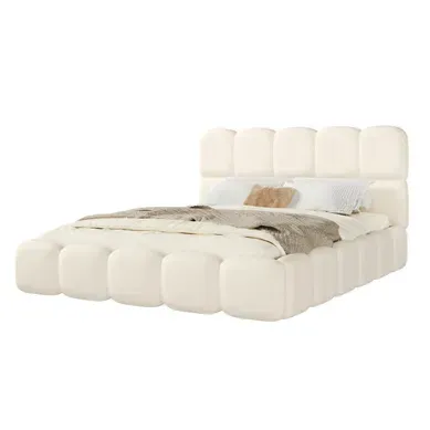 Lit Coffre Rembourré 180x200 Cm Avec Rangements, Lit Capitonné, Design Moderne, Tissu Bouclé, Beige Lit Coffre Rembourré 180x200 Cm Avec Rangements, Lit Capitonné, Design Moderne, Tissu Bouclé, Beige
