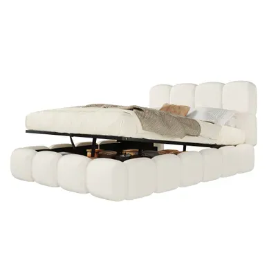 Lit Coffre Rembourré 140x190 Cm Avec Rangements, Lit Capitonné, Design Moderne, Tissu Bouclé, Blanc