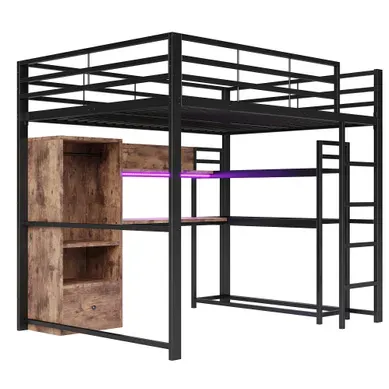 Lit Mezzanine 140x200 Cm Avec Bureau, Lit Surélevé, Escalier Avec Rangement, Tiroirs, Métal, Noir