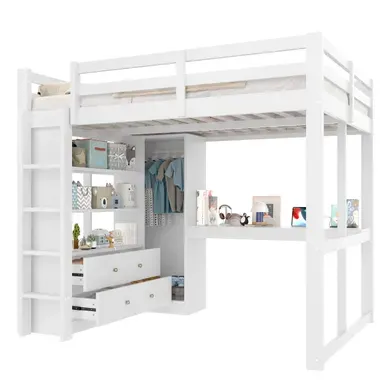 Lit Mezzanine 140x200 Cm Avec Bureau, Lit Surélevé, Armoire, 2 Tiroirs, LED, USB, Pin, Blanc Lit Mezzanine 140x200 Cm Avec Bureau, Lit Surélevé, Armoire, 2 Tiroirs, LED, USB, Pin, Blanc