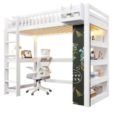 Lit Mezzanine 90x200 Cm Avec Bureau, Lit Surélevé, LED, étagère, Rangements, Blanc