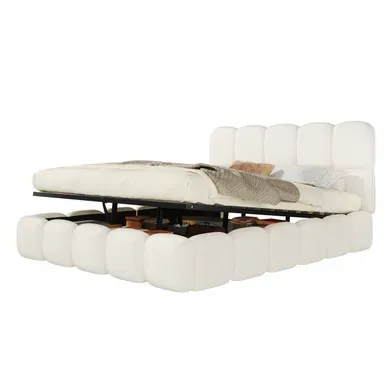 Lit Coffre 180x200 Cm Avec Tête De Lit Rembourrée, Lit Rembourré, Rangements, Tissu Bouclé, Blanc