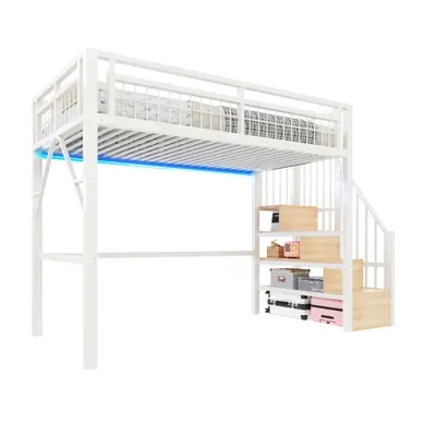 Lit Mezzanine 140x200 Cm Avec LED Et Escalier, Lit Surélevé Avec Rangements Intégrés En Métal, Blanc Lit Mezzanine 140x200 Cm Avec LED Et Escalier, Lit Surélevé Avec Rangements Intégrés En Métal, Blanc