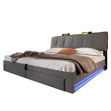 Lit Coffre 180x200 Cm Avec Rangement Hydraulique, Lit Capitonné, LED, USB Et USB-c, Tissu Lin, Beige