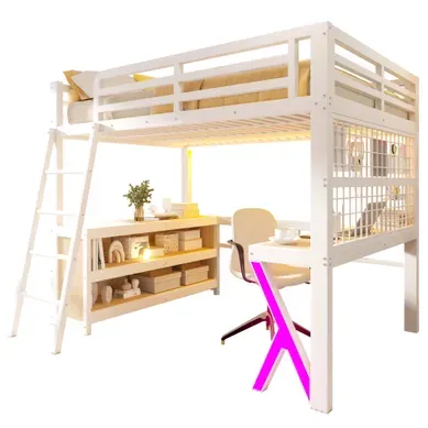 Lit Mezzanine 140x200 Cm - Bureau/armoire - LED - Rangements - échelle - Métal - Blanc Lit Mezzanine 140x200 Cm - Bureau/armoire - LED - Rangements - échelle - Métal - Blanc