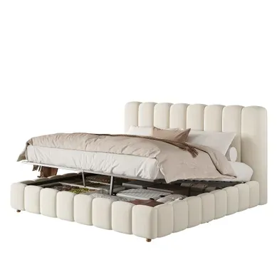 Lit Coffre Rembourré 160x200 Cm - Relevage Hydraulique - Sommier À Lattes - Velours Beige