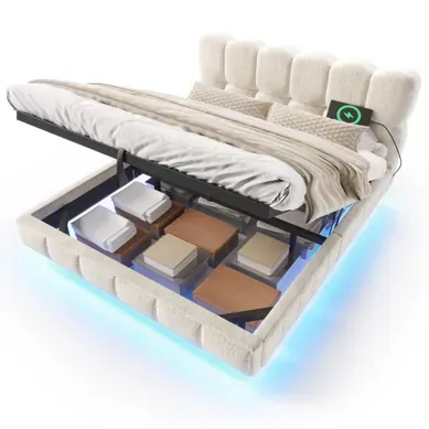 Lit Coffre Rembourré 140x190cm,nuage Capitonné,rangement Hydraulique,led,usb,type-c,chenille Beige